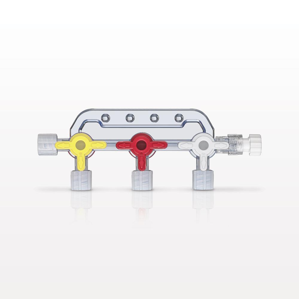 3-Gang Stopcock Manifold, 4 Female Luer Locks, Male Luer with Spin Lock, Non-Vented Caps