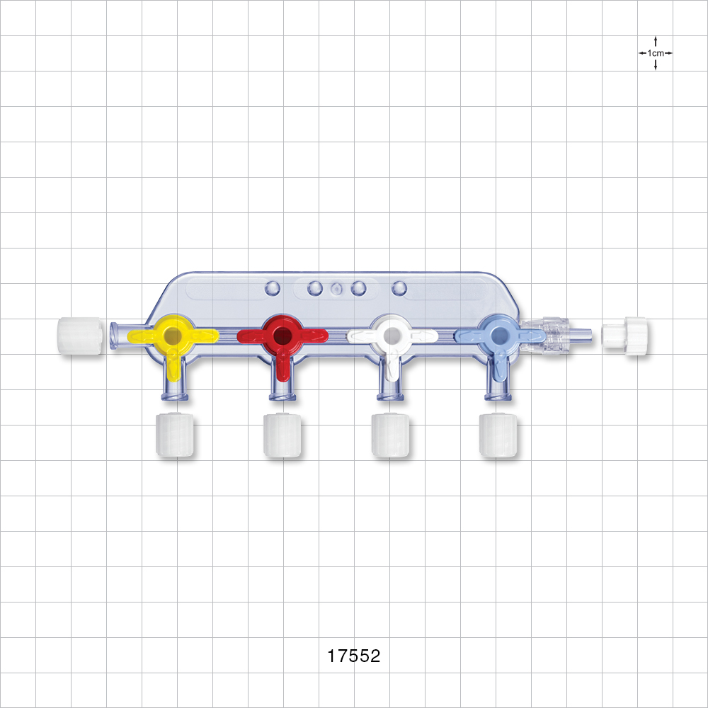 4-Gang Stopcock Manifold, 5 Female Luer Locks, Male Luer with Spin Lock, Non-Vented Caps